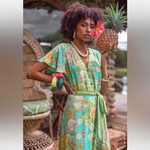 Boho Floral Solei Maxi Faux Wrap Ruffle Dress With Butterfly Sleeves - Picture 3 of 9